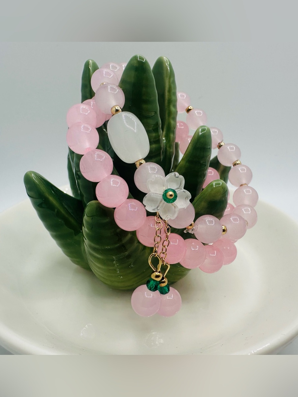Pink Beaded Flower Charm Bracelet set